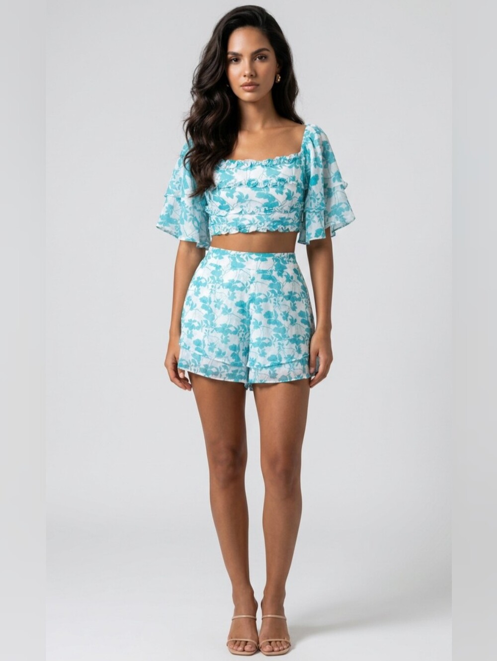 Chicways 2-Piece Ruffled Crop Top & High Waisted Shorts Set in White/Teal